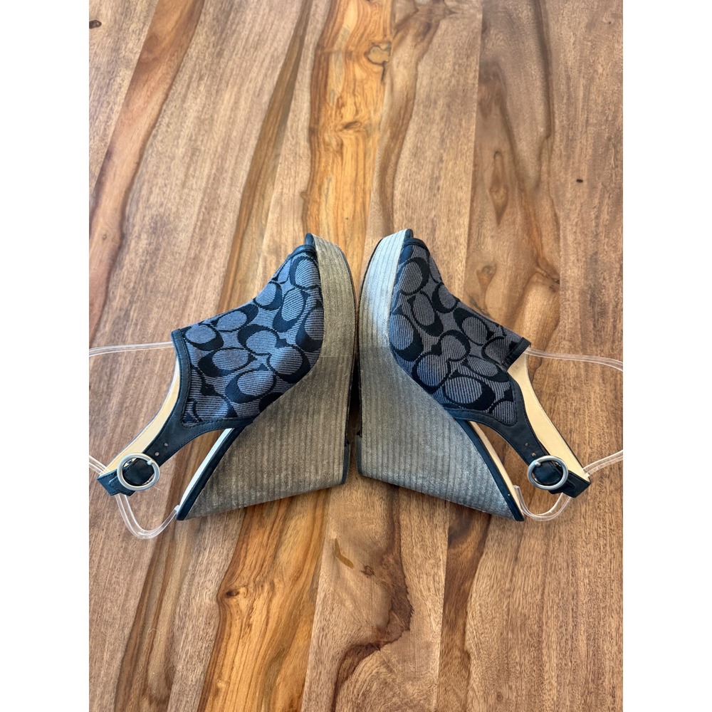 Coach Janet Signature Jacquard Wedge Sandals Black Grey Peep Toe Slingback F2080 - Picture 4 of 13